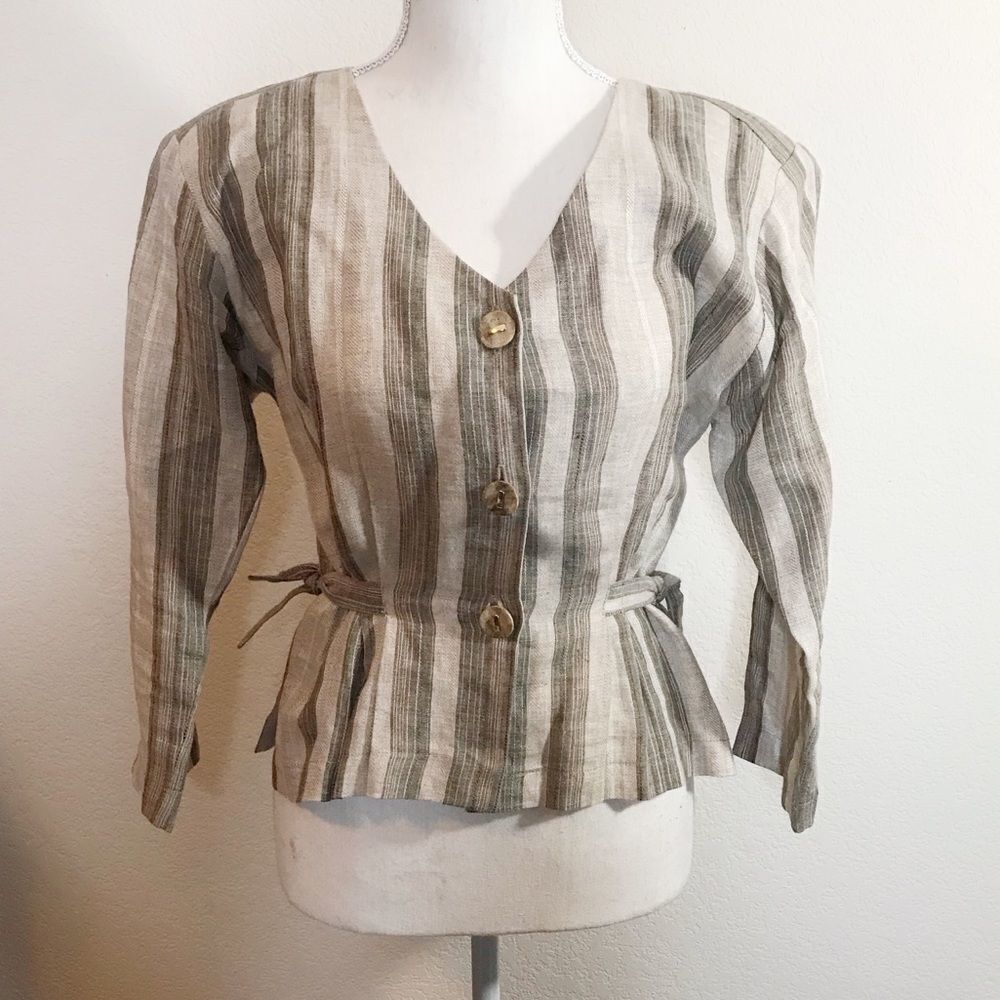 100% linen tie vintage button front blouse‎